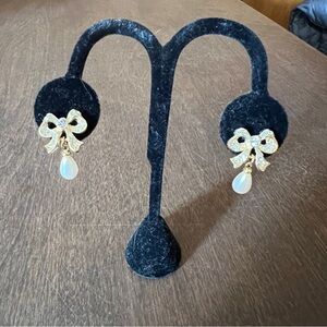 Richelieu Gold Tone Clear Rhinestone Faux Pearl Dangle Bow Post Earrings Signed